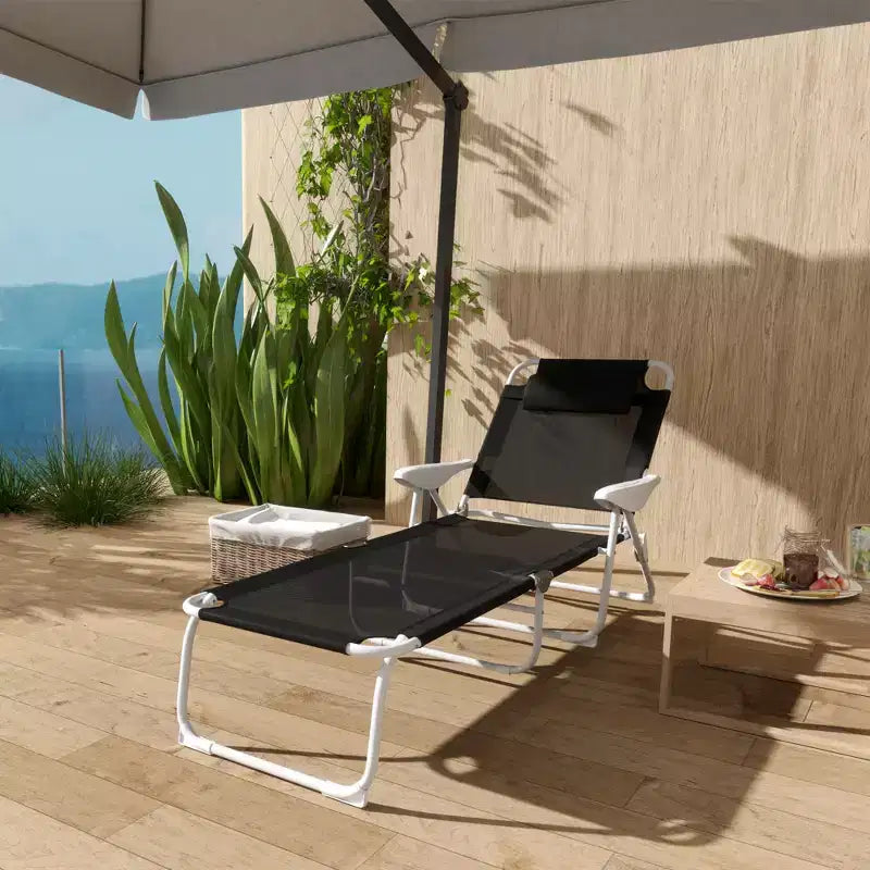 Folding Chaise Lounge, Outdoor Sun Tanning Chair, 4-Position Reclining Back, Armrests, Removable Pillow