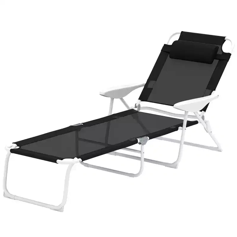 Folding Chaise Lounge, Outdoor Sun Tanning Chair, 4-Position Reclining Back, Armrests, Removable Pillow