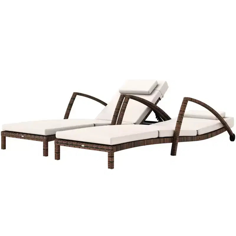 Set of 2 Wicker Chaise Lounge Chair Outdoor Patio Lounger with 5 Adjustable Back, Wheels, Cushion, and Armrests