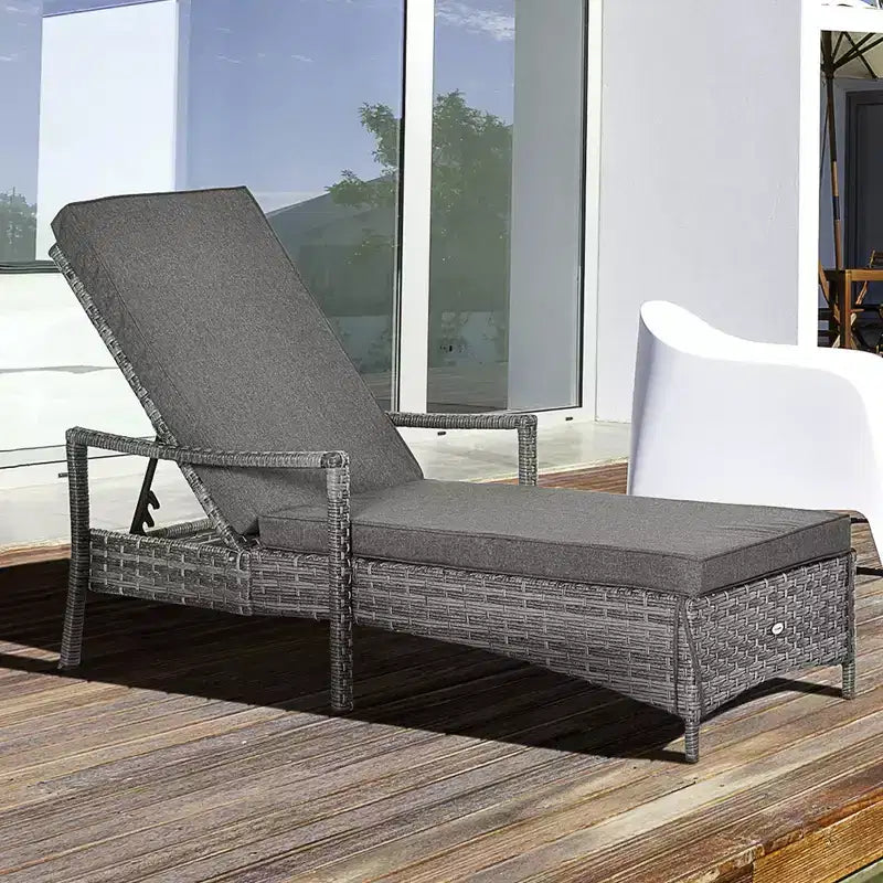 Sdraio in vimini, schienale regolabile in 4 posizioni e cuscini per esterni, lettino prendisole in rattan PE per bordo piscina, balcone o giardino