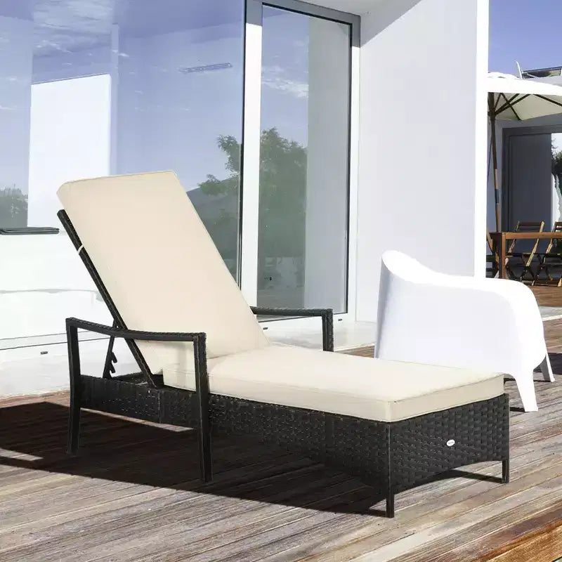 Sdraio in vimini, schienale regolabile in 4 posizioni e cuscini per esterni, lettino prendisole in rattan PE per bordo piscina, balcone o giardino