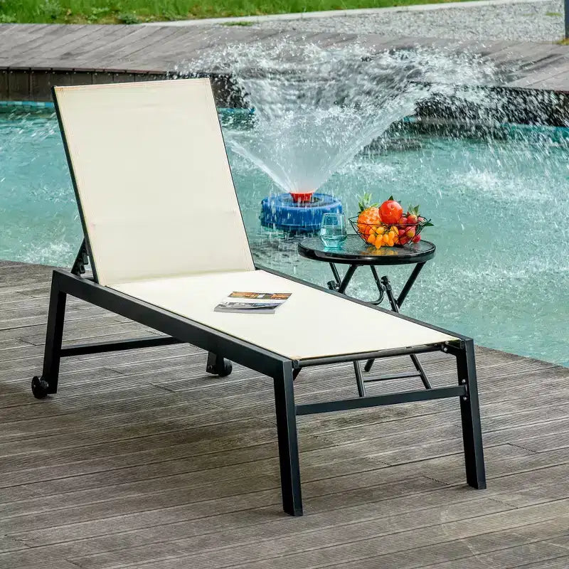 Chaise longue da esterno con ruote, reclinabile in cinque posizioni per prendere il sole, struttura in acciaio, tessuto traspirante per spiaggia, patio