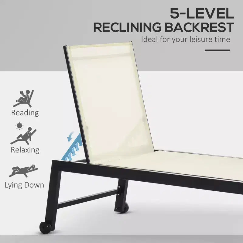 Chaise longue da esterno con ruote, reclinabile in cinque posizioni per prendere il sole, struttura in acciaio, tessuto traspirante per spiaggia, patio