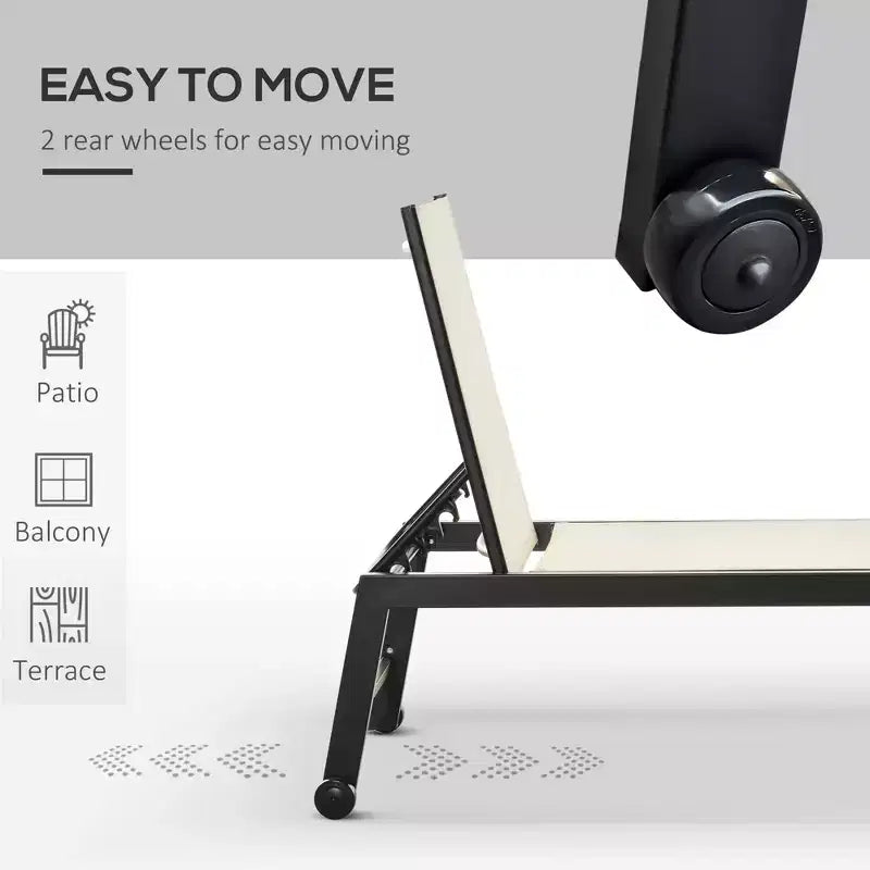 Chaise longue da esterno con ruote, reclinabile in cinque posizioni per prendere il sole, struttura in acciaio, tessuto traspirante per spiaggia, patio