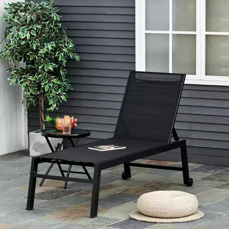 Chaise longue da esterno con ruote, reclinabile in cinque posizioni per prendere il sole, struttura in acciaio, tessuto traspirante per spiaggia, patio