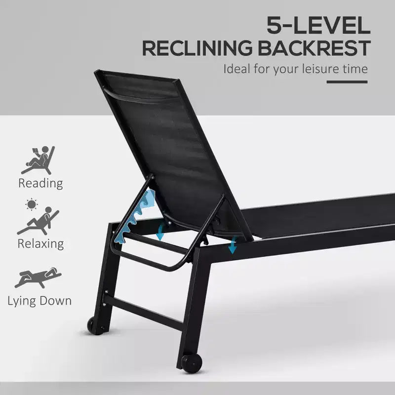 Chaise longue da esterno con ruote, reclinabile in cinque posizioni per prendere il sole, struttura in acciaio, tessuto traspirante per spiaggia, patio