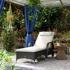 Outdoor Chaise Lounge, 5-Level Adjustable Backrest Rattan Pool Lounge Chair with Wheels, Cushion & Headrest