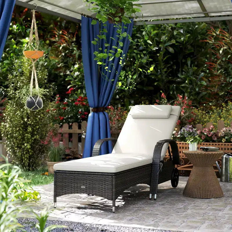 Outdoor Chaise Lounge, 5-Level Adjustable Backrest Rattan Pool Lounge Chair with Wheels, Cushion & Headrest
