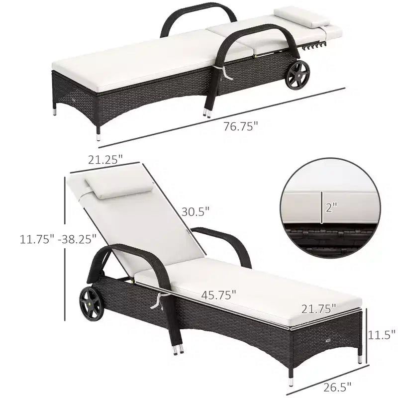 Outdoor Chaise Lounge, 5-Level Adjustable Backrest Rattan Pool Lounge Chair with Wheels, Cushion & Headrest
