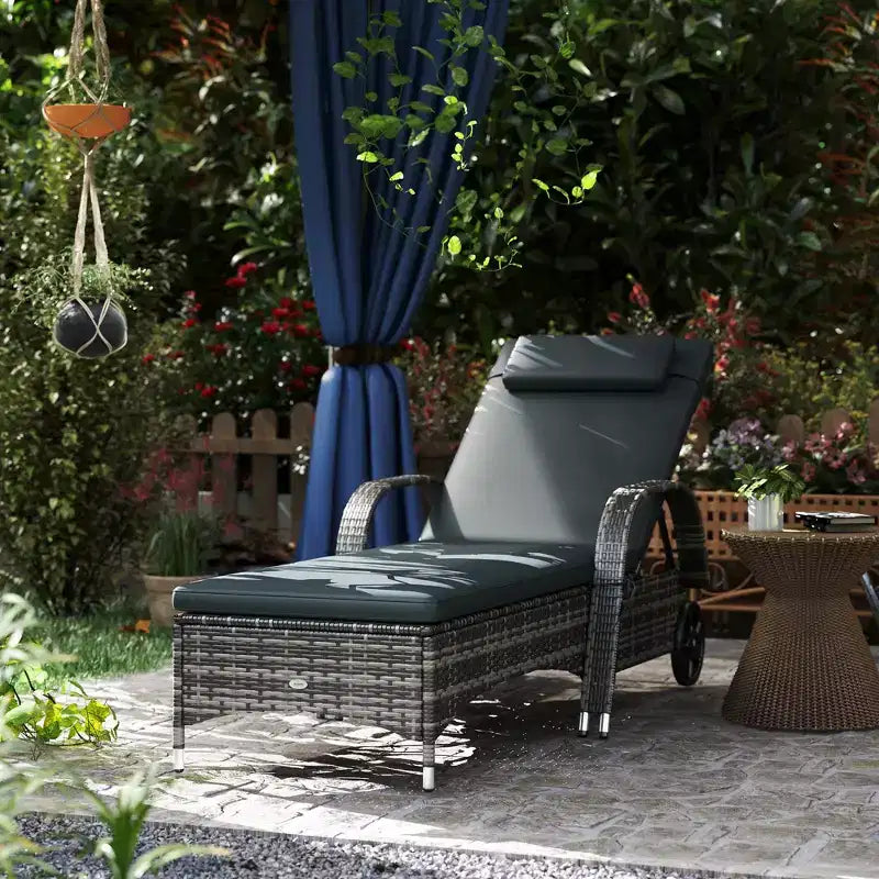 Outdoor Chaise Lounge, 5-Level Adjustable Backrest Rattan Pool Lounge Chair with Wheels, Cushion & Headrest