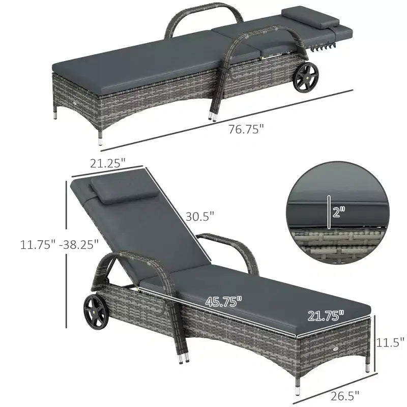 Outdoor Chaise Lounge, 5-Level Adjustable Backrest Rattan Pool Lounge Chair with Wheels, Cushion & Headrest