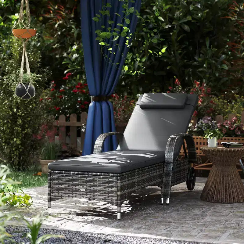 Outdoor Chaise Lounge, 5-Level Adjustable Backrest Rattan Pool Lounge Chair with Wheels, Cushion & Headrest
