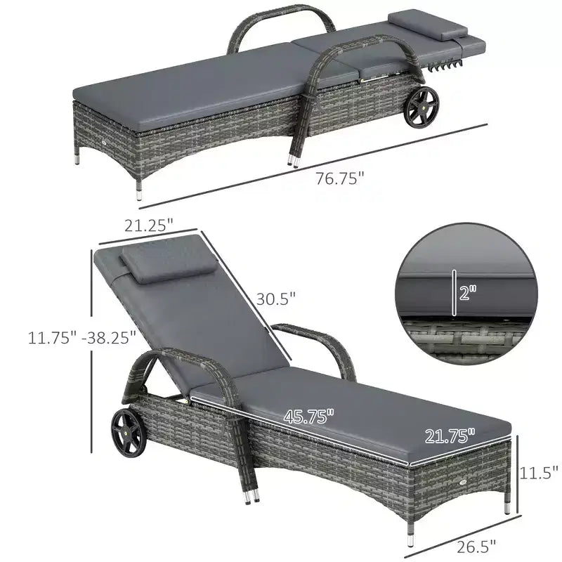 Outdoor Chaise Lounge, 5-Level Adjustable Backrest Rattan Pool Lounge Chair with Wheels, Cushion & Headrest