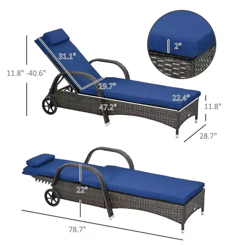 Outdoor Chaise Lounge, 5-Level Adjustable Backrest Rattan Pool Lounge Chair with Wheels, Cushion & Headrest