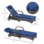 Outdoor Chaise Lounge, 5-Level Adjustable Backrest Rattan Pool Lounge Chair with Wheels, Cushion & Headrest