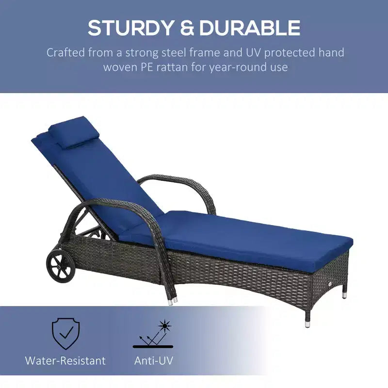 Outdoor Chaise Lounge, 5-Level Adjustable Backrest Rattan Pool Lounge Chair with Wheels, Cushion & Headrest