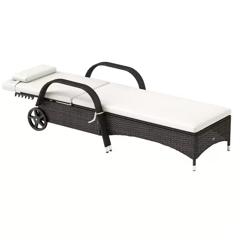 Chaise Longue da Esterno, Sdraio da Piscina in Rattan con Schienale Regolabile in 5 Posizioni e Ruote, Cuscino e Poggiatesta