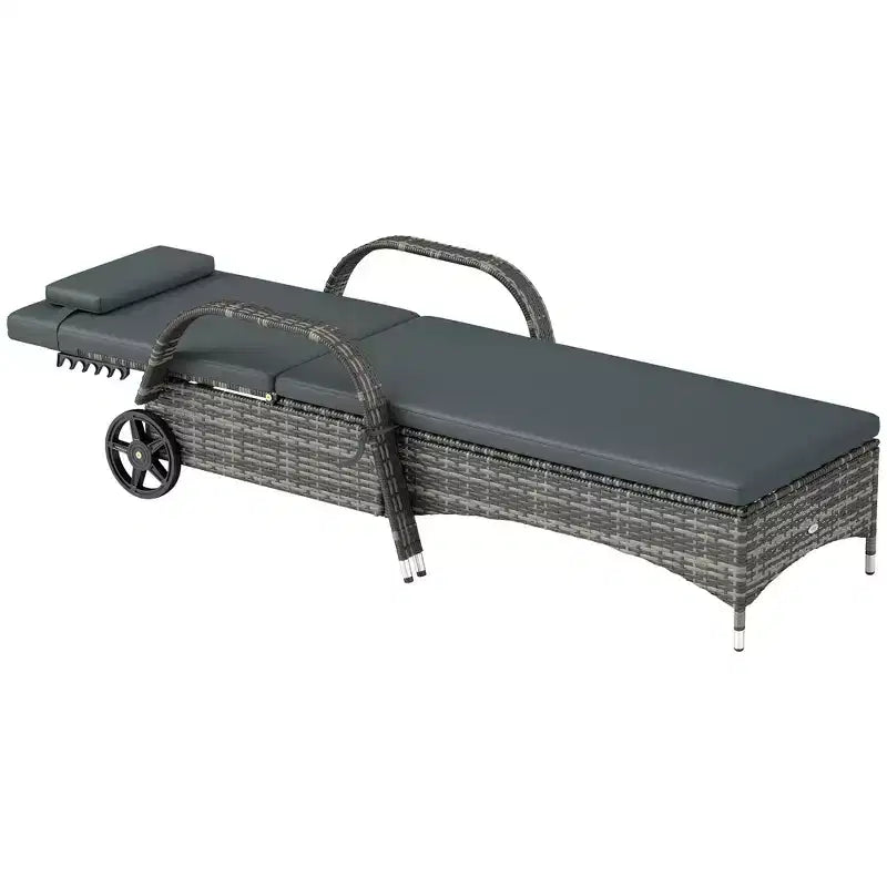 Chaise Longue da Esterno, Sdraio da Piscina in Rattan con Schienale Regolabile in 5 Posizioni e Ruote, Cuscino e Poggiatesta