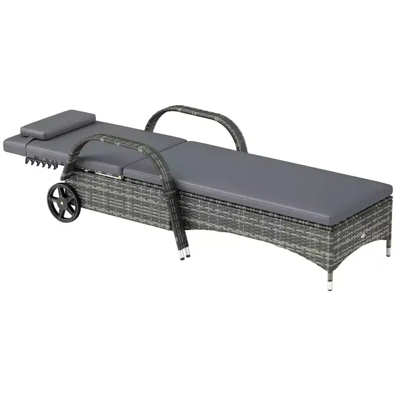 Chaise Longue da Esterno, Sdraio da Piscina in Rattan con Schienale Regolabile in 5 Posizioni e Ruote, Cuscino e Poggiatesta