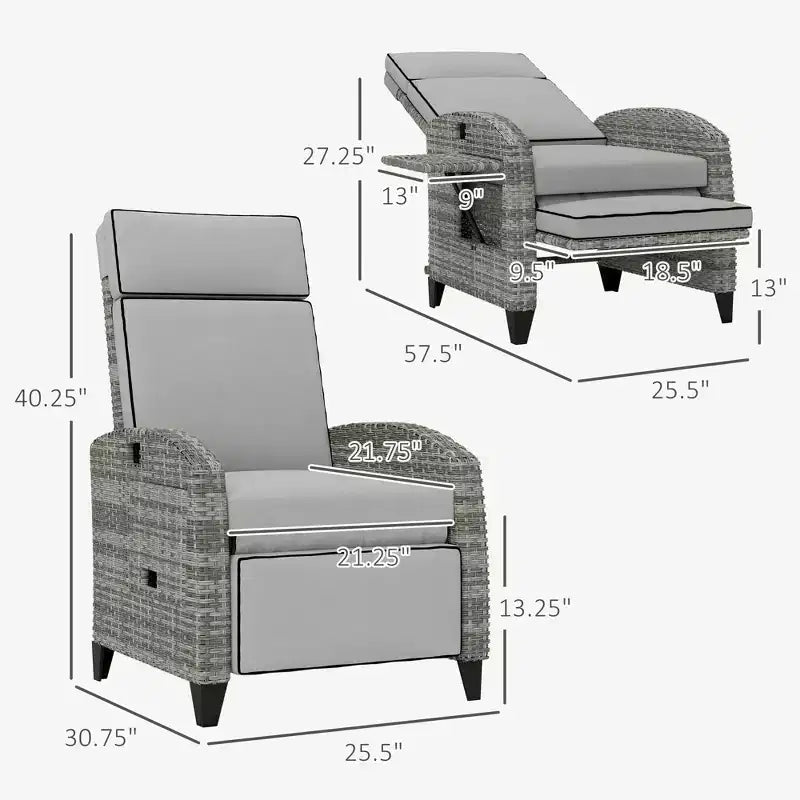 Sedia reclinabile da esterno con cuscini, poltrona reclinabile da patio con poggiapiedi regolabile, braccioli, tavolino vassoio