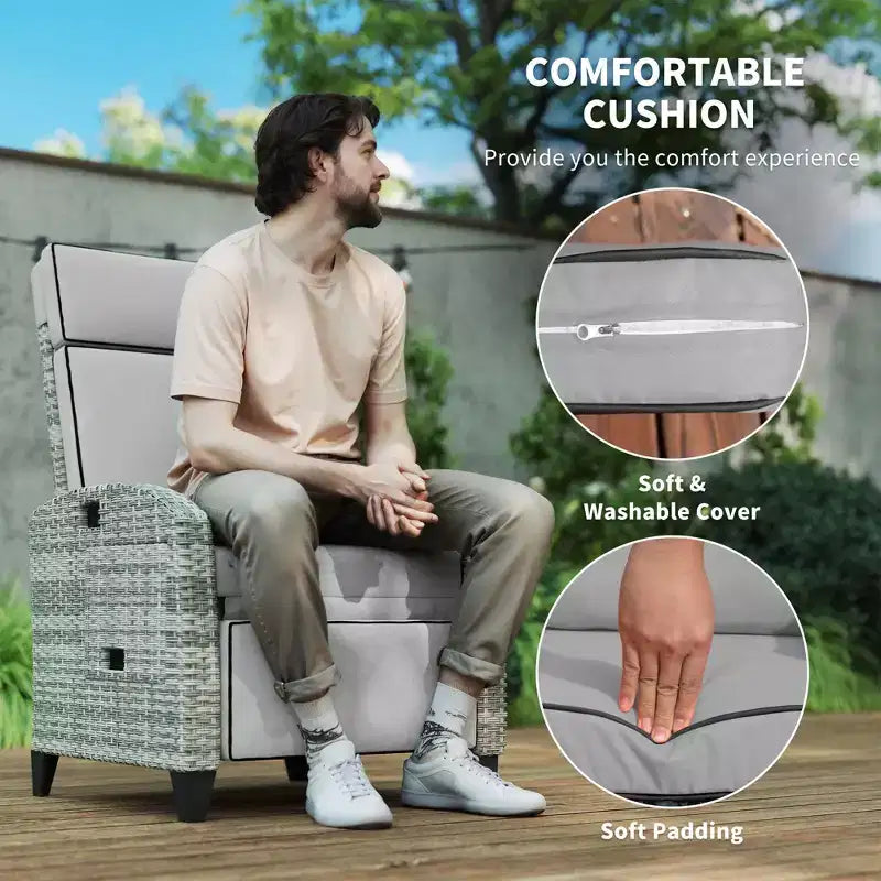 Sedia reclinabile da esterno con cuscini, poltrona reclinabile da patio con poggiapiedi regolabile, braccioli, tavolino vassoio
