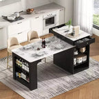 PexFix 59.5 Kitchen Island with Extendable Dining Table Kitchen Storage Table with Double-sided Storage with Power Outlet&Side Open Shelves Black