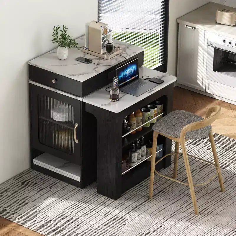 PexFix 59.5 Kitchen Island with Extendable Dining Table Kitchen Storage Table with Double-sided Storage with Power Outlet&Side Open Shelves Black
