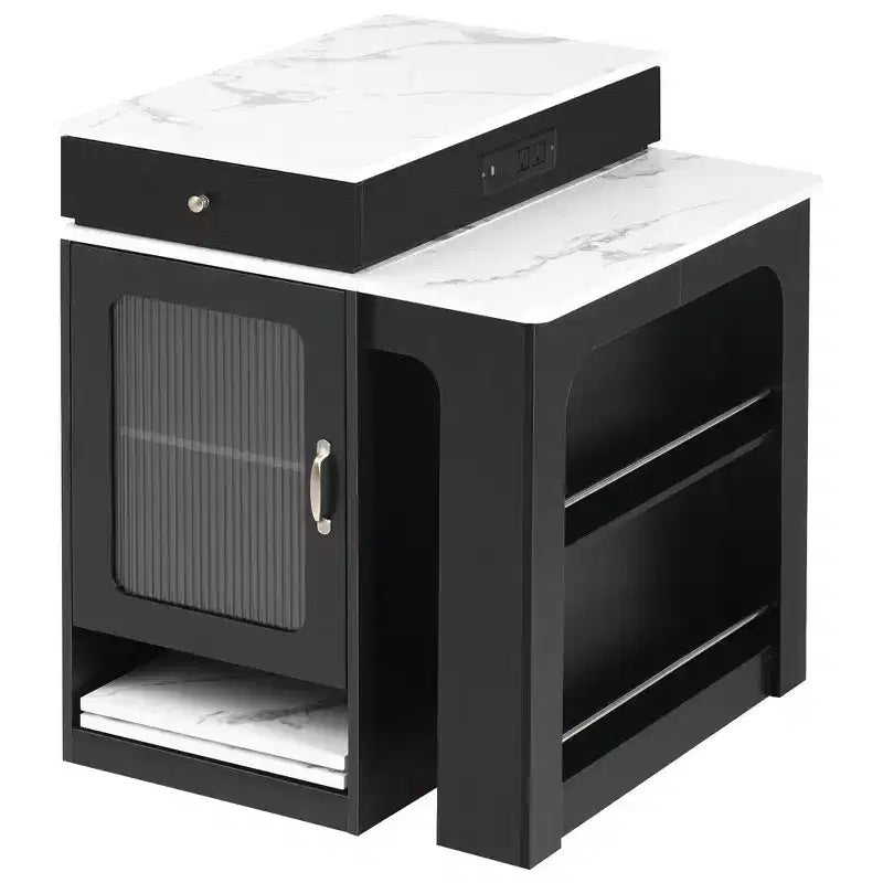 PexFix 59.5 Kitchen Island with Extendable Dining Table Kitchen Storage Table with Double-sided Storage with Power Outlet&Side Open Shelves Black