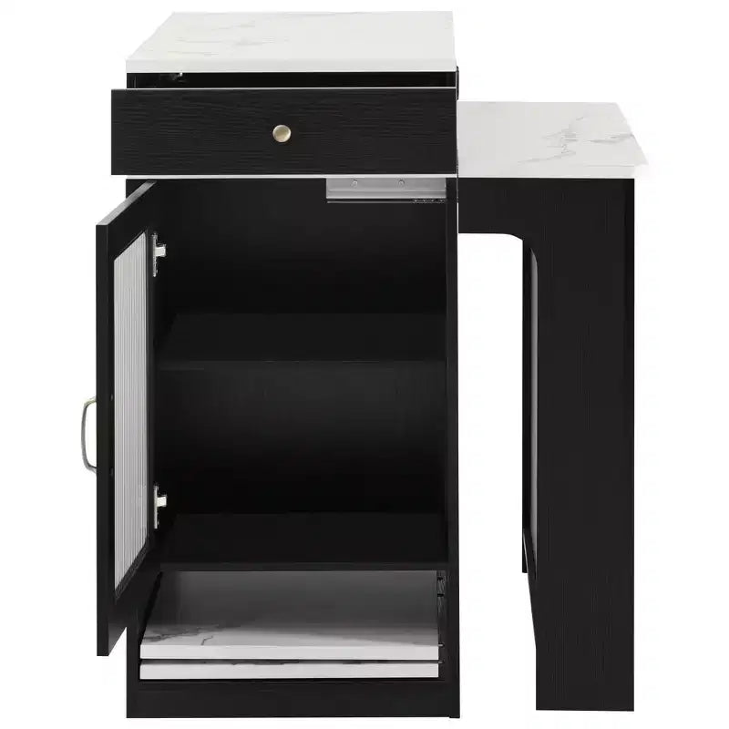 PexFix 59.5 Kitchen Island with Extendable Dining Table Kitchen Storage Table with Double-sided Storage with Power Outlet&Side Open Shelves Black