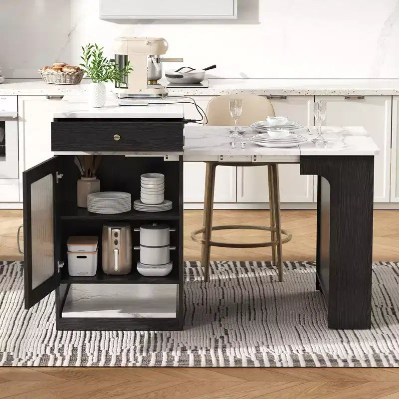 PexFix 59.5 Kitchen Island with Extendable Dining Table Kitchen Storage Table with Double-sided Storage with Power Outlet&Side Open Shelves Black