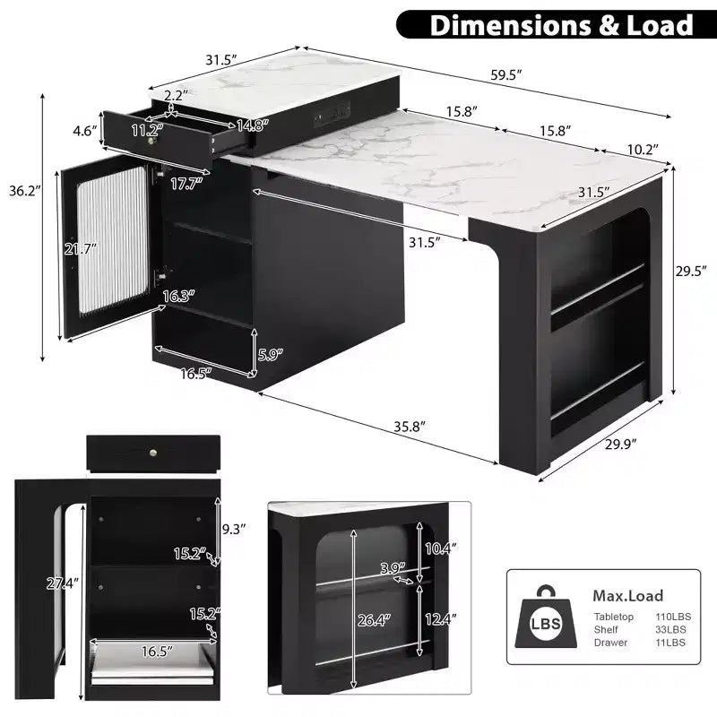 PexFix 59.5 Kitchen Island with Extendable Dining Table Kitchen Storage Table with Double-sided Storage with Power Outlet&Side Open Shelves Black