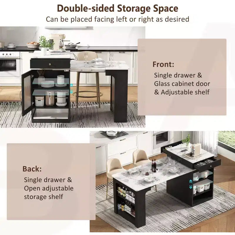 PexFix 59.5 Kitchen Island with Extendable Dining Table Kitchen Storage Table with Double-sided Storage with Power Outlet&Side Open Shelves Black