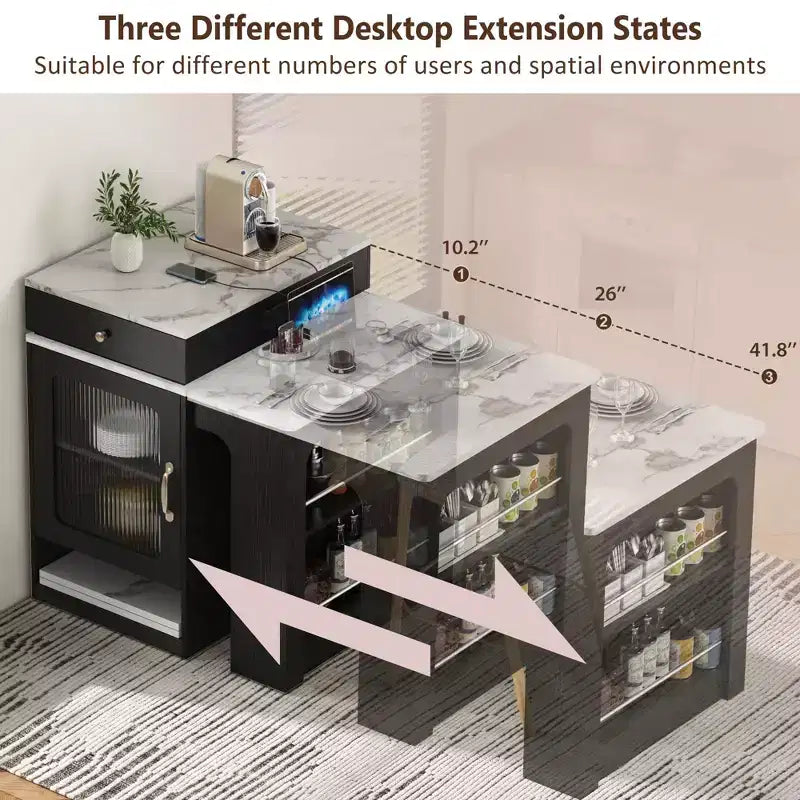 PexFix 59.5 Kitchen Island with Extendable Dining Table Kitchen Storage Table with Double-sided Storage with Power Outlet&Side Open Shelves Black