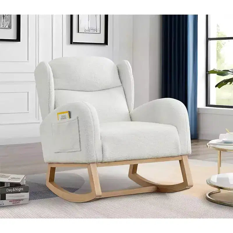 Linen Rocking Chair with Thick Headrest, Upholstered Mid-Century Modern Nursing Rocker Glider, Curved Armrest, Sturdy Solid Wood Base.