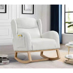 Linen Rocking Chair with Thick Headrest, Upholstered Mid-Century Modern Nursing Rocker Glider, Curved Armrest, Sturdy Solid Wood Base.
