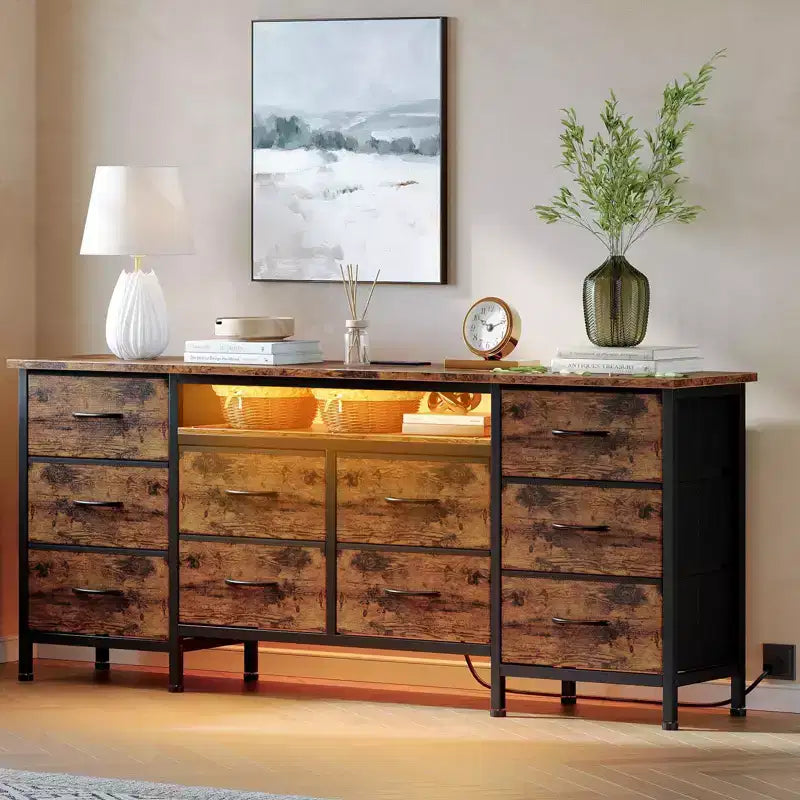 TV Stand for 65, 70, 75 Inch TV, 10 Drawer Long Dresser with Power Outlets , 63 Inch Entertainment Center TV Stand Dresser Storage Drawers
