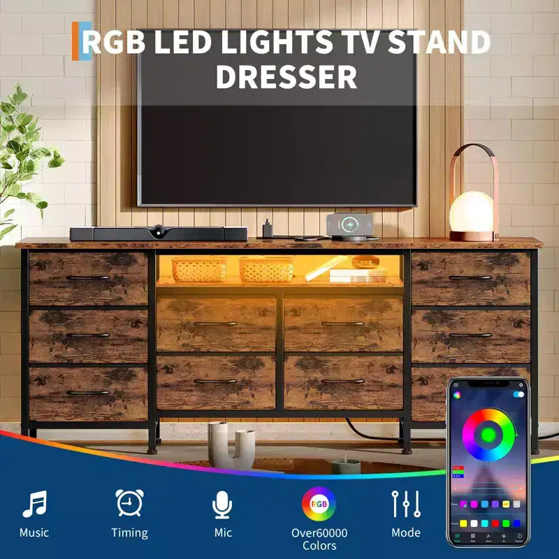 TV Stand for 65, 70, 75 Inch TV, 10 Drawer Long Dresser with Power Outlets , 63 Inch Entertainment Center TV Stand Dresser Storage Drawers