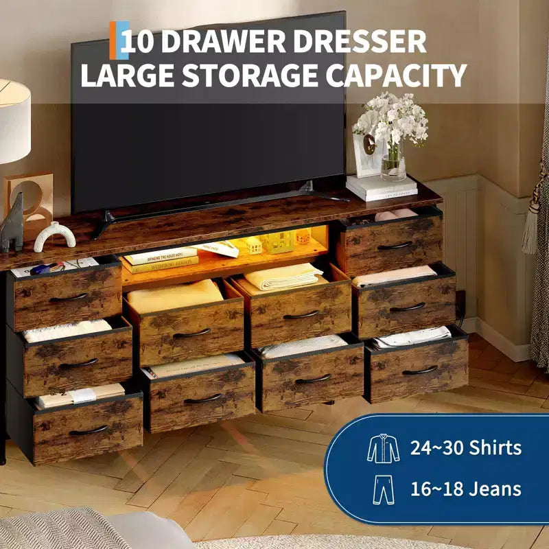 TV Stand for 65, 70, 75 Inch TV, 10 Drawer Long Dresser with Power Outlets , 63 Inch Entertainment Center TV Stand Dresser Storage Drawers