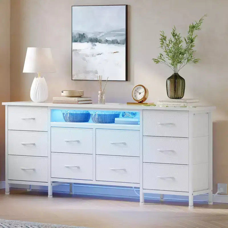 TV Stand for 65, 70, 75 Inch TV, 10 Drawer Long Dresser with Power Outlets , 63 Inch Entertainment Center TV Stand Dresser Storage Drawers