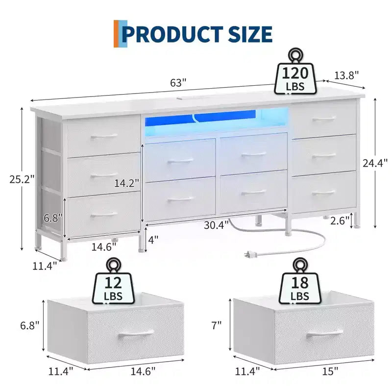 TV Stand for 65, 70, 75 Inch TV, 10 Drawer Long Dresser with Power Outlets , 63 Inch Entertainment Center TV Stand Dresser Storage Drawers