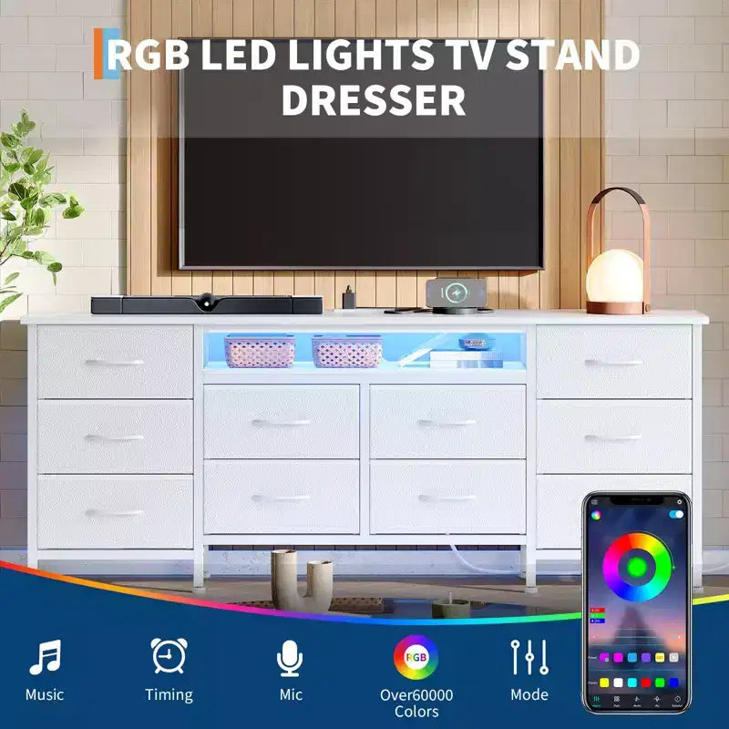 TV Stand for 65, 70, 75 Inch TV, 10 Drawer Long Dresser with Power Outlets , 63 Inch Entertainment Center TV Stand Dresser Storage Drawers