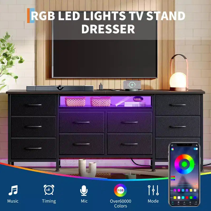 TV Stand for 65, 70, 75 Inch TV, 10 Drawer Long Dresser with Power Outlets , 63 Inch Entertainment Center TV Stand Dresser Storage Drawers