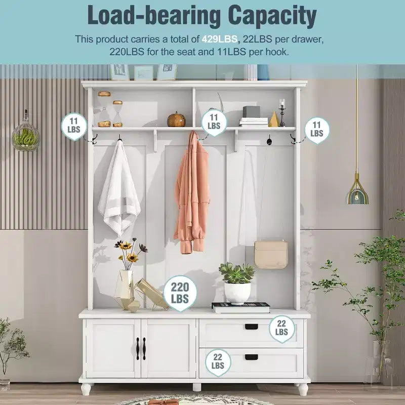 Okak Appendiabiti Moderno con Mobile Contenitore e 2 Grandi Cassetti, Appendiabiti Allargato con 5 Ganci, Attaccapanni per Ingresso, Soggiorno, Bianco