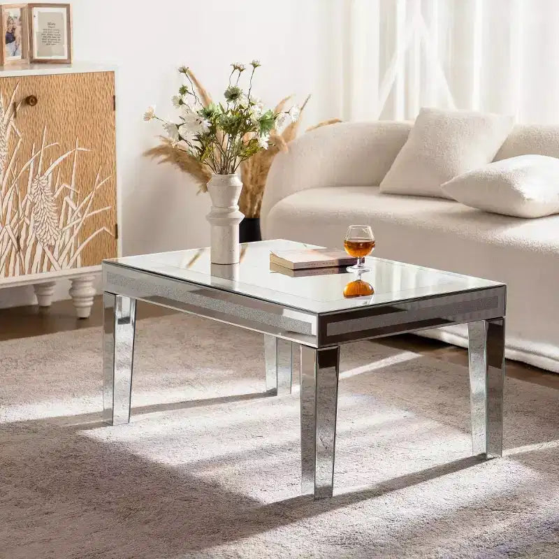Modern Rectangle Coffee Table with Glass Mirror Top, Mirrored Finish Center Table for Living Room or Apartment - Panipeachy