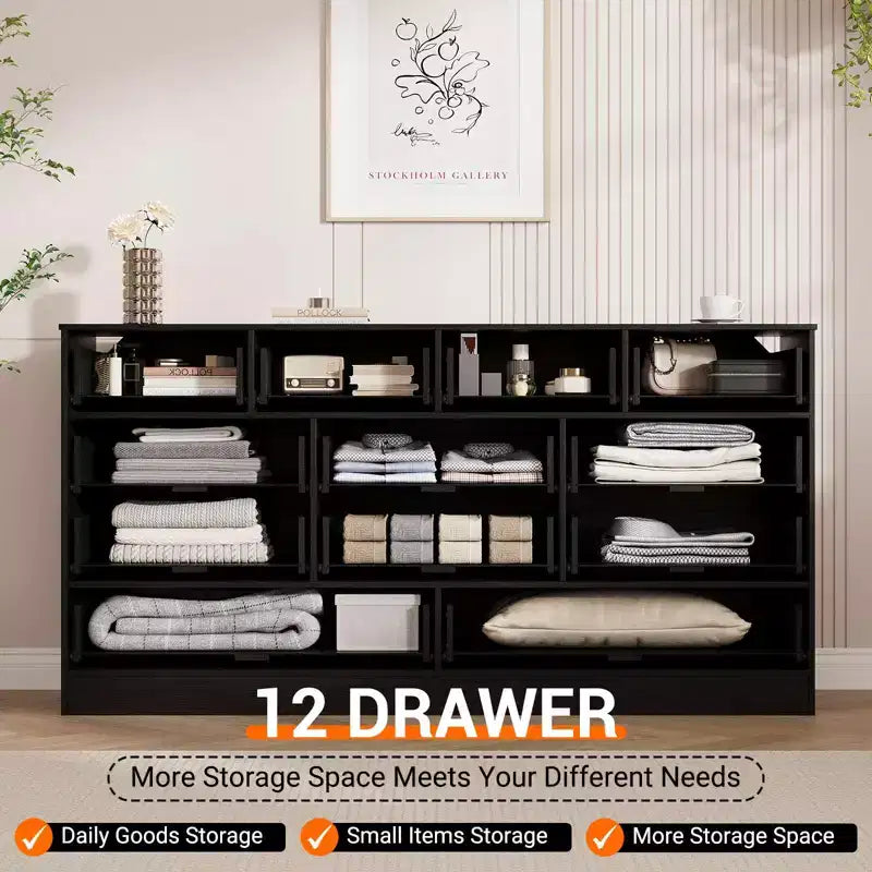 Wooden Dressers for Bedroom with 12 Drawers, 61 Wide TV Stand Dresser for 65 inch TV, Rattan Chest of Drawers for Living Room, Hallway