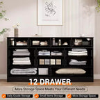 Wooden Dressers for Bedroom with 12 Drawers, 61 Wide TV Stand Dresser for 65 inch TV, Rattan Chest of Drawers for Living Room, Hallway