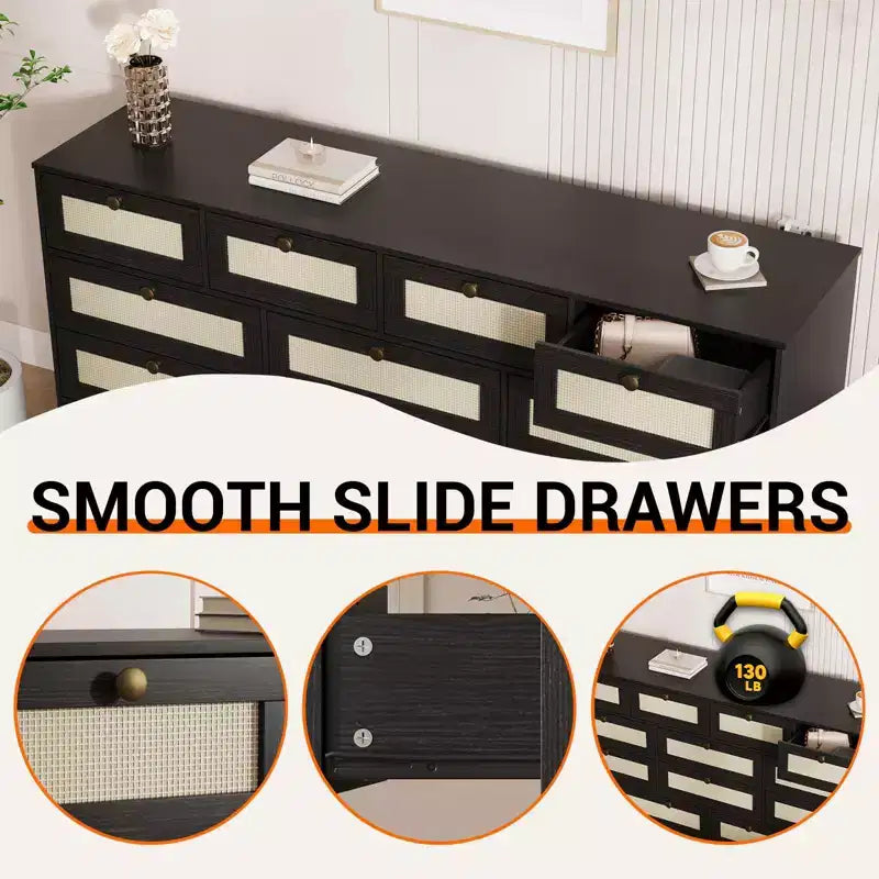 Wooden Dressers for Bedroom with 12 Drawers, 61 Wide TV Stand Dresser for 65 inch TV, Rattan Chest of Drawers for Living Room, Hallway