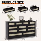 Wooden Dressers for Bedroom with 12 Drawers, 61 Wide TV Stand Dresser for 65 inch TV, Rattan Chest of Drawers for Living Room, Hallway