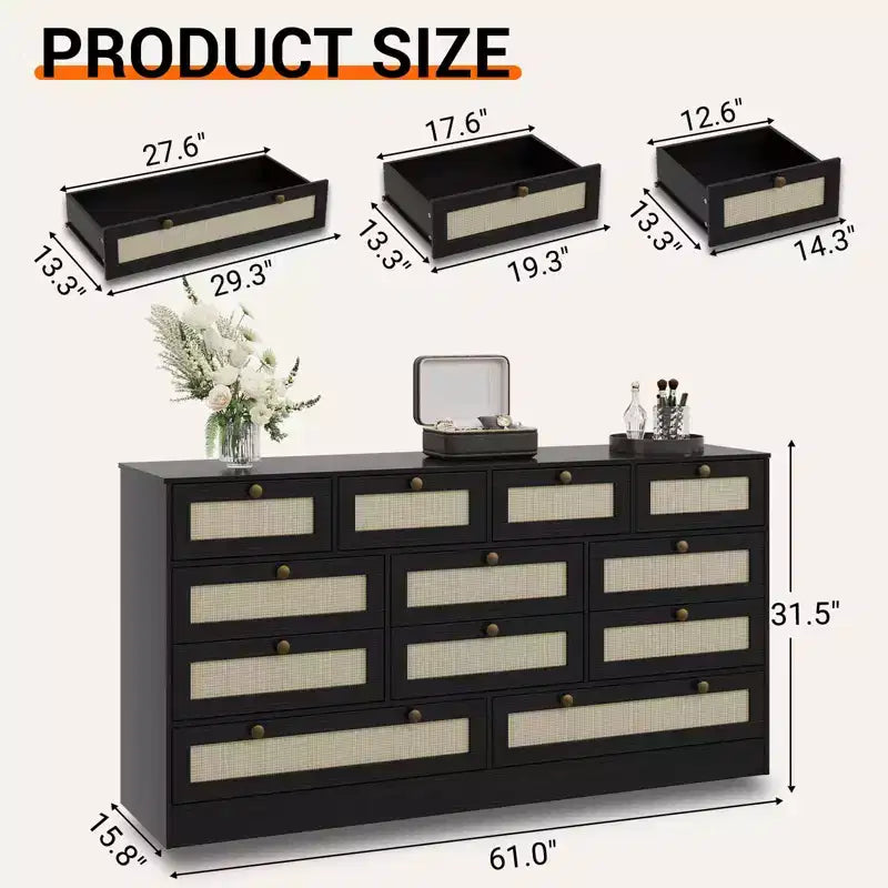 Wooden Dressers for Bedroom with 12 Drawers, 61 Wide TV Stand Dresser for 65 inch TV, Rattan Chest of Drawers for Living Room, Hallway
