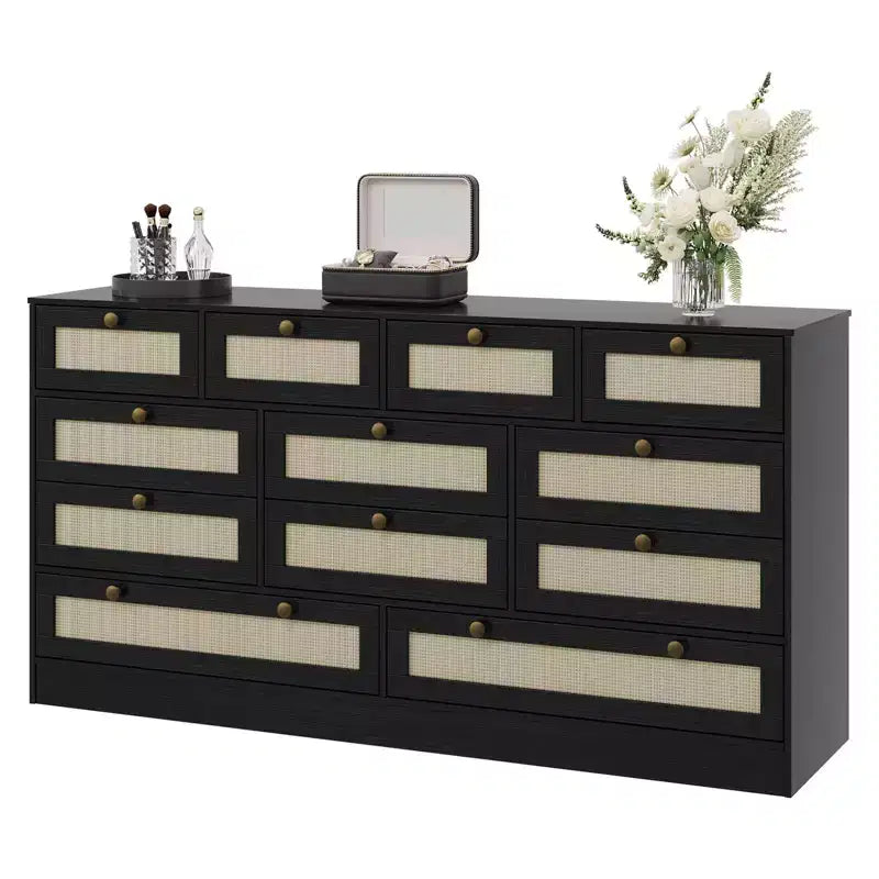 Wooden Dressers for Bedroom with 12 Drawers, 61 Wide TV Stand Dresser for 65 inch TV, Rattan Chest of Drawers for Living Room, Hallway